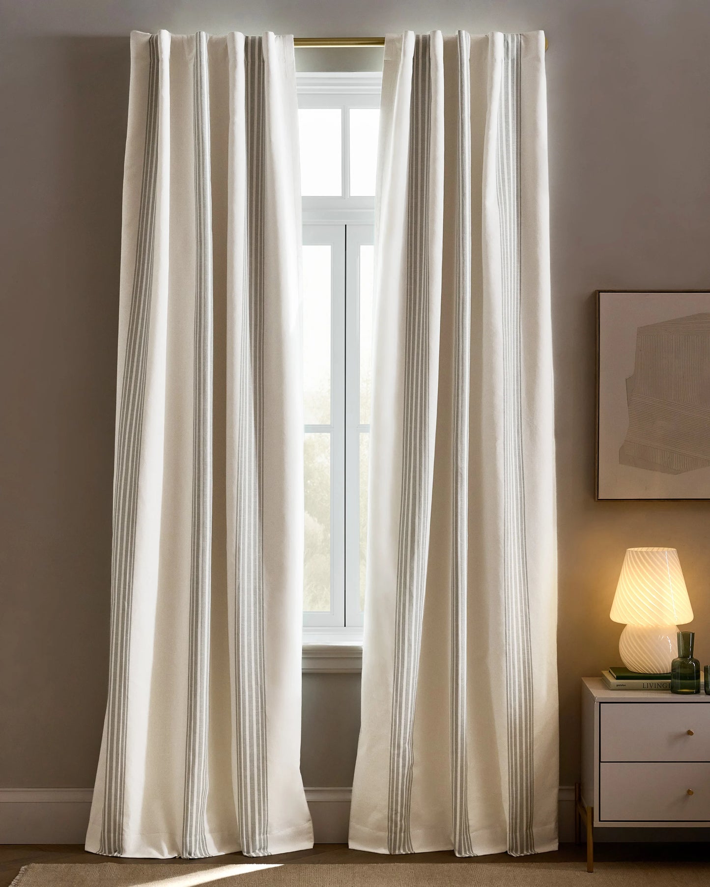 Coastal Stripe Linen Cotton True Blackout Curtain - Single Panel - 48x84 / Ivory/Fog