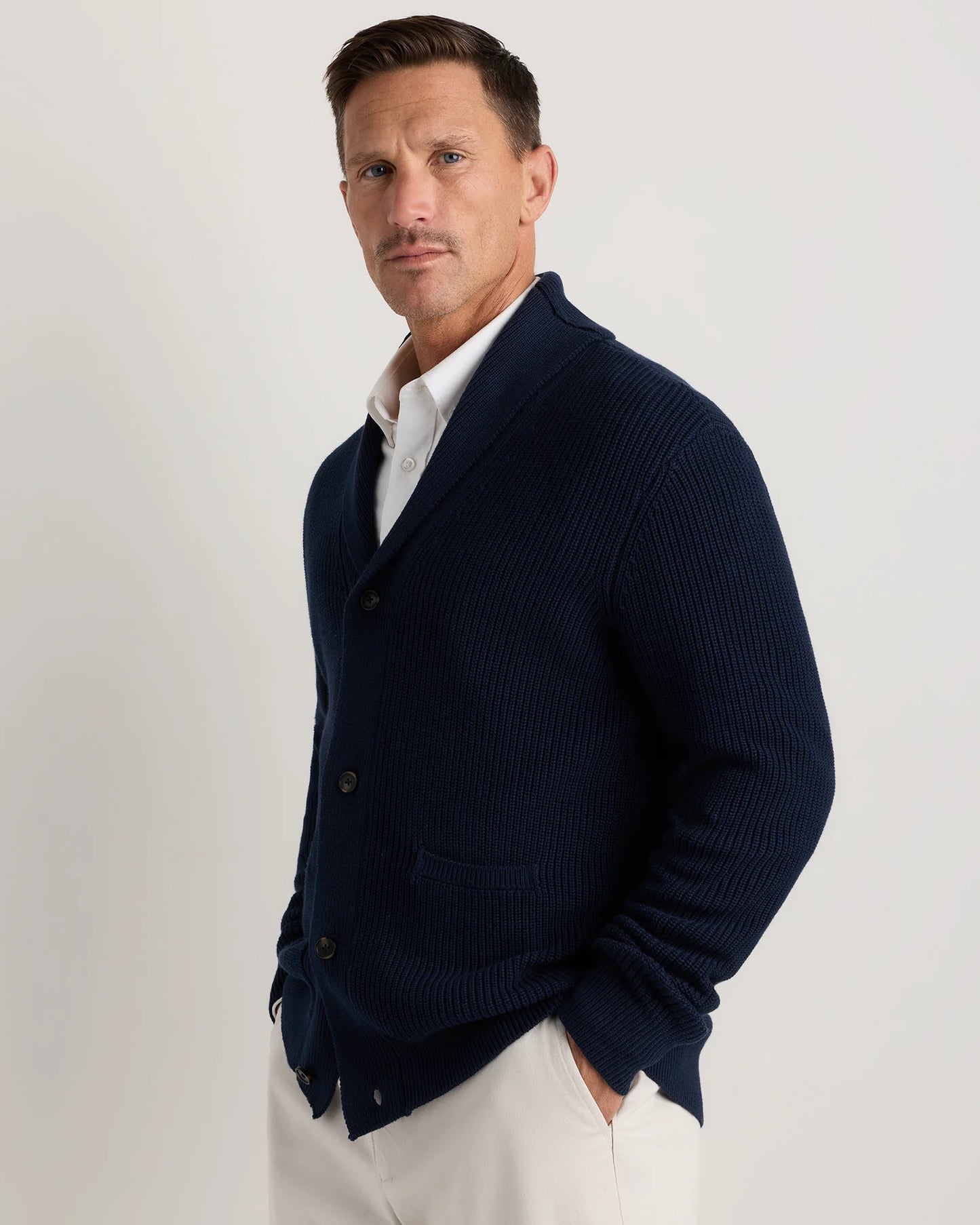 100% Organic Cotton Ribbed Shawl-Collar Cardigan Sweater - S / Bayberry Olive