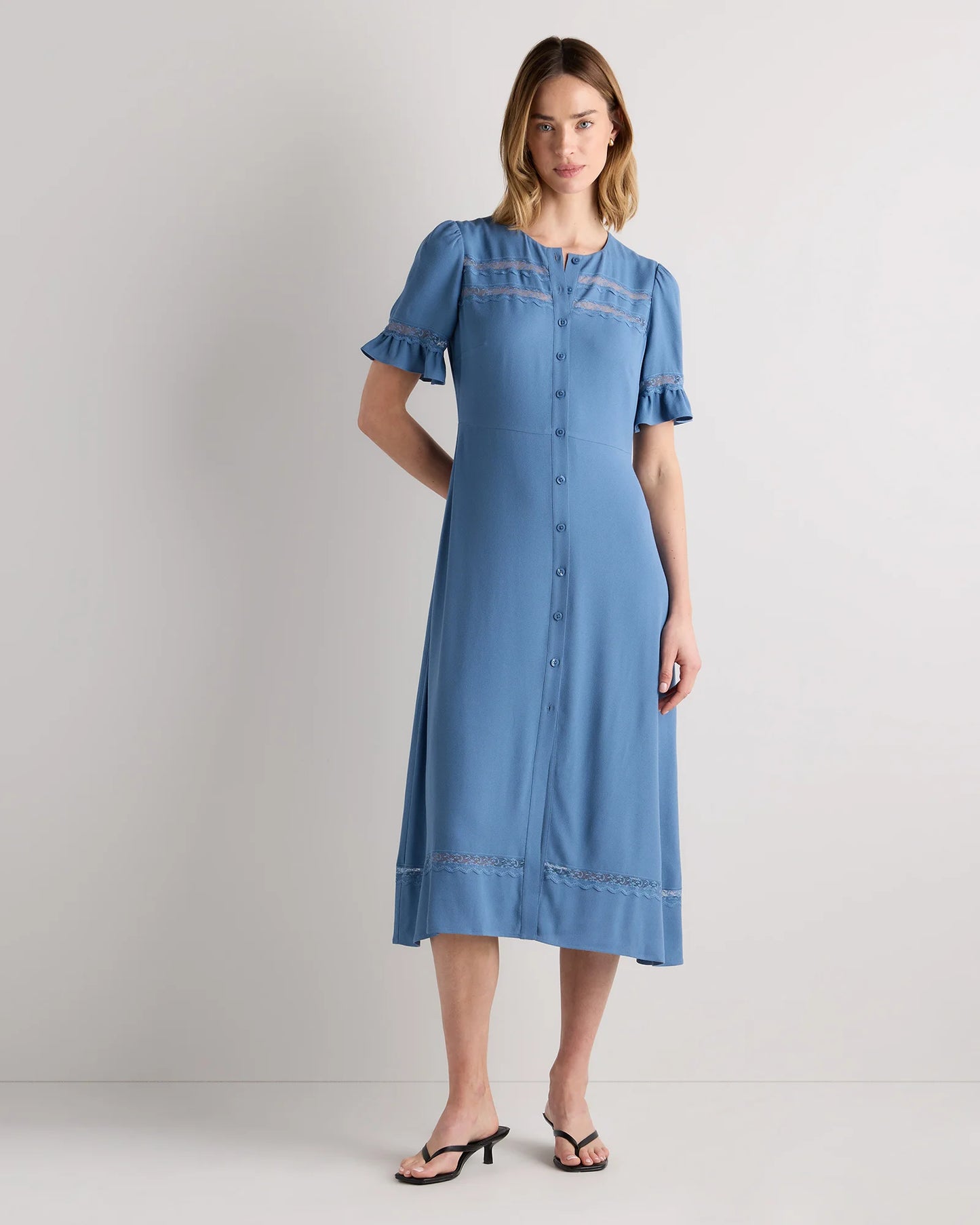 Lightweight Crepe Lace Inset Midi Dress - XS / Moonstone Blue