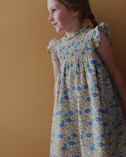100% Organic Cotton Poplin Smocked Flutter Sleeve Dress - 2T / Blue Ditsy Floral