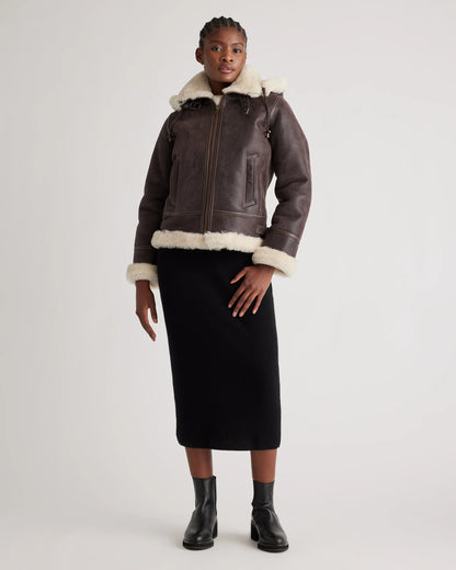 100% Shearling Cold Weather Bomber Jacket - XS / Black