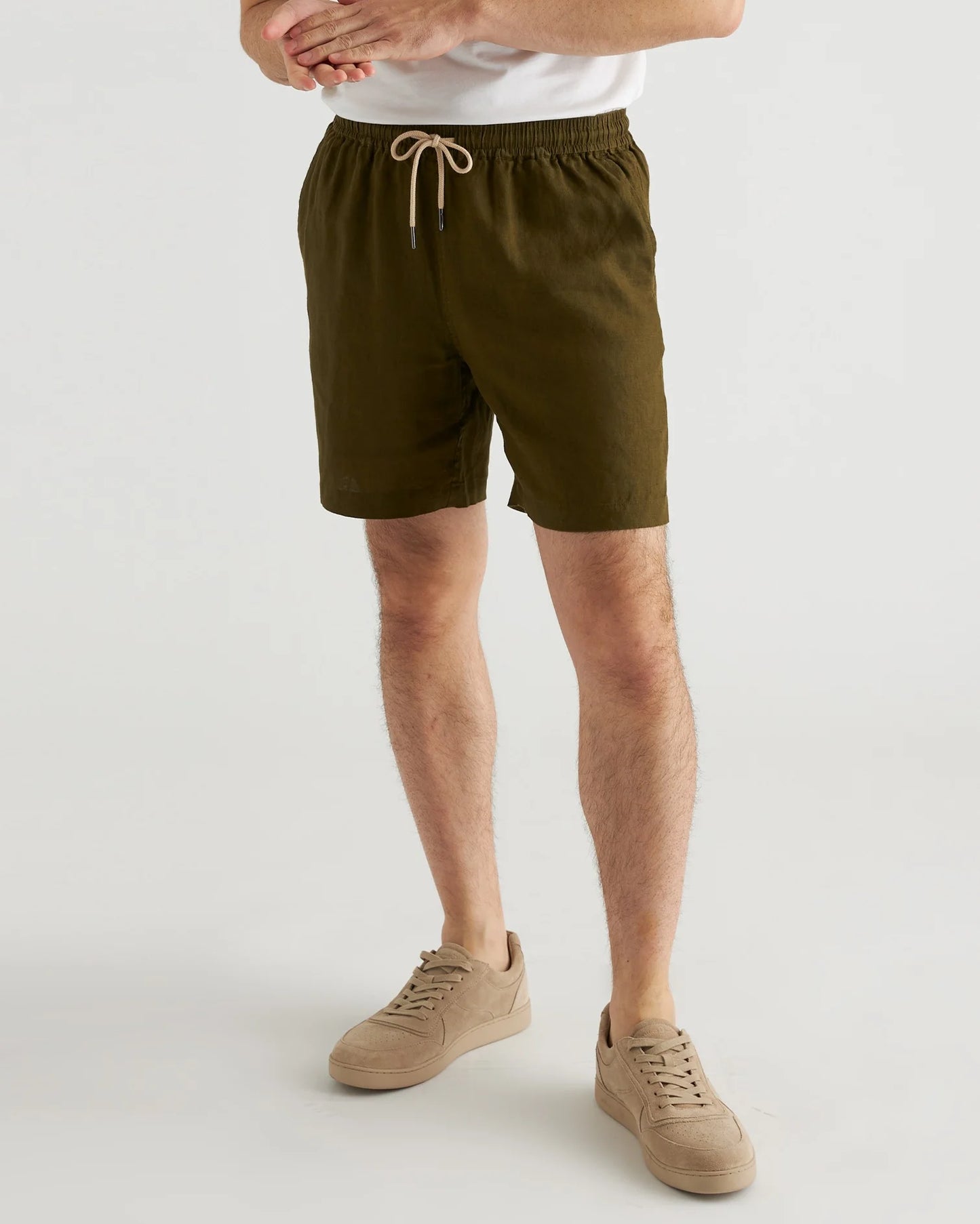 100% European Linen Drawstring Beach Shorts - 7" - XS / Taupe Brown Chambray