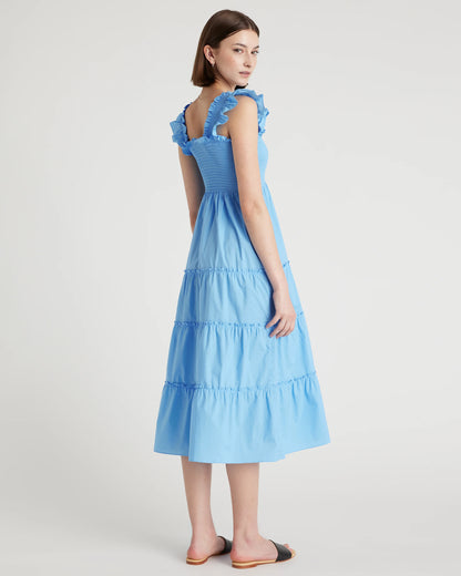 100% Organic Cotton Poplin Smocked Midi Dress - XS / Riviera Blue Heirloom Floral