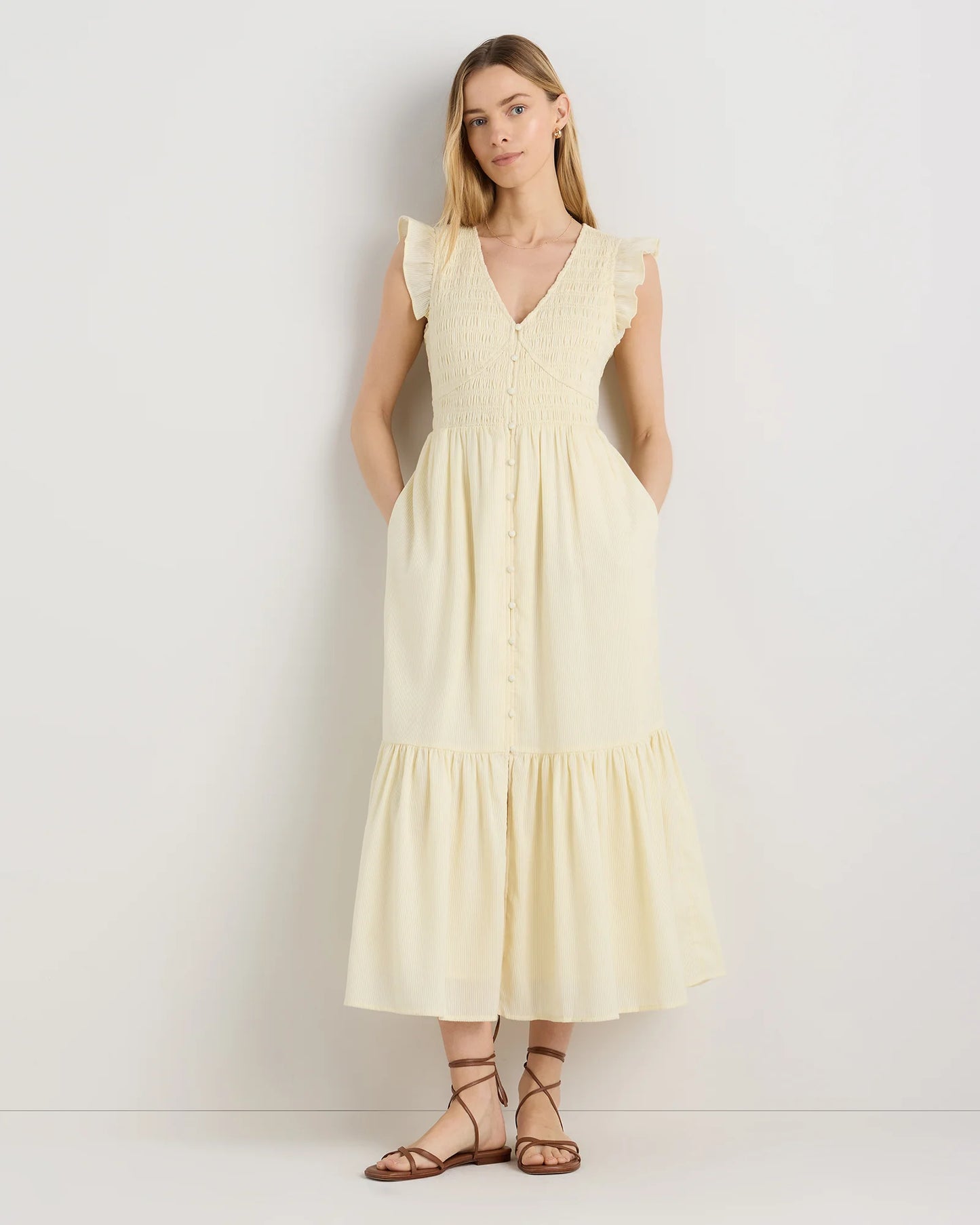 Organic Textured Cotton Smocked V-Neck Midi Dress - XS / Pale Custard Yellow