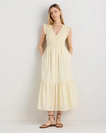 Organic Textured Cotton Smocked V-Neck Midi Dress - XS / Pale Custard Yellow