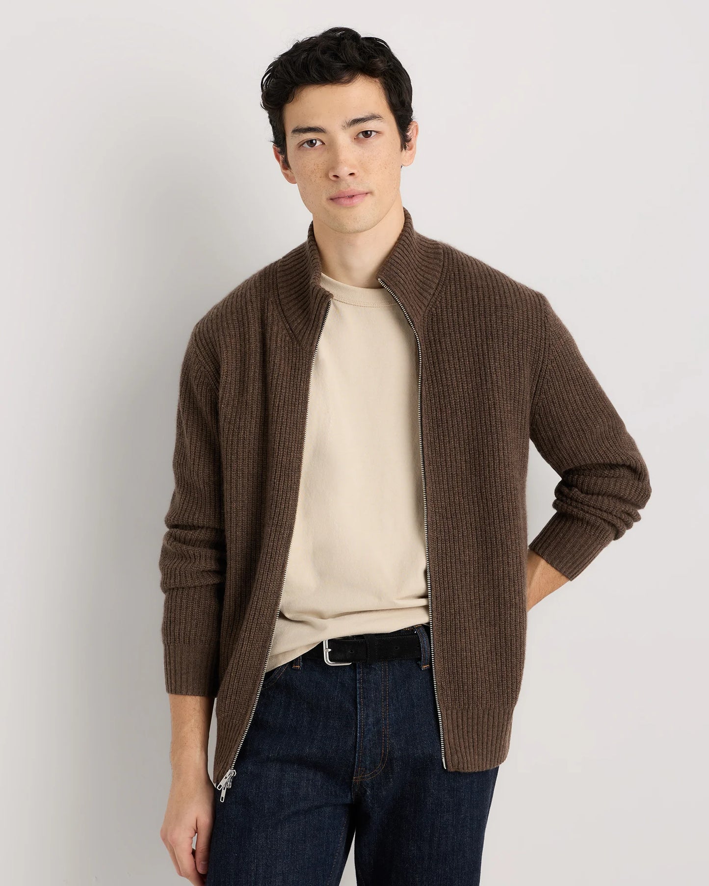 Mongolian Cashmere Fisherman Full Zip Sweater - S / Teak