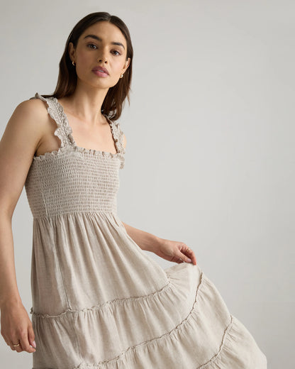 100% European Linen Smocked Midi Dress - XS / Ivory Porcelain Blue Petite Floral