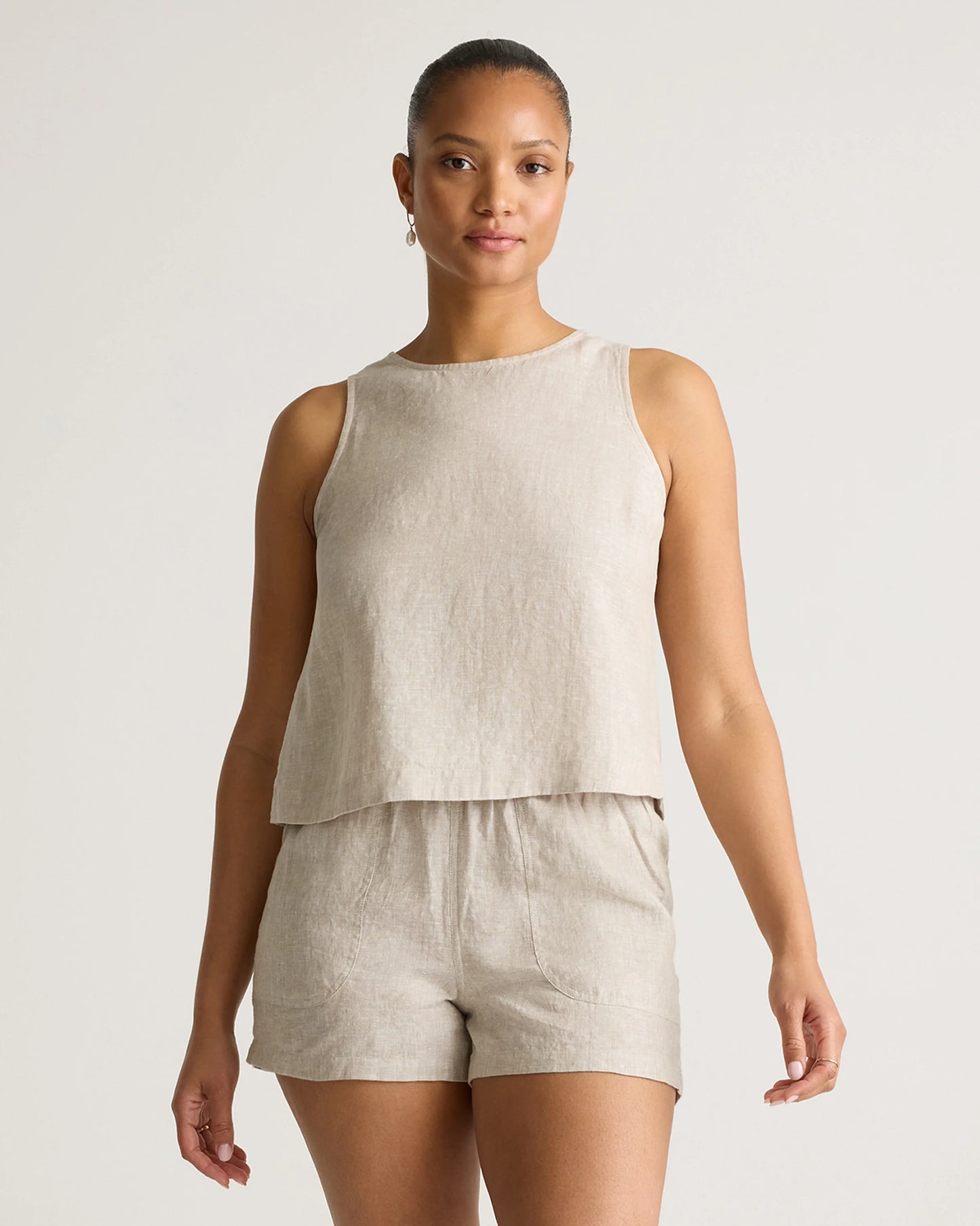100% European Linen Cropped Tank - XS / Taupe Brown Gingham