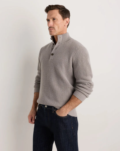 Mongolian Cashmere Waffle Quarter Button Sweater - S / Elk Brown