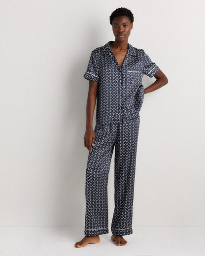 100% Washable Silk Satin Short Sleeve Pajama Top - XS / Tiny Diamonds