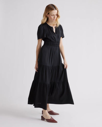Washable Stretch Silk Tiered Maxi Dress - XS / Navy