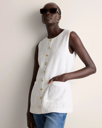 100% European Linen Longline Vest - XS / Taupe Brown Chambray