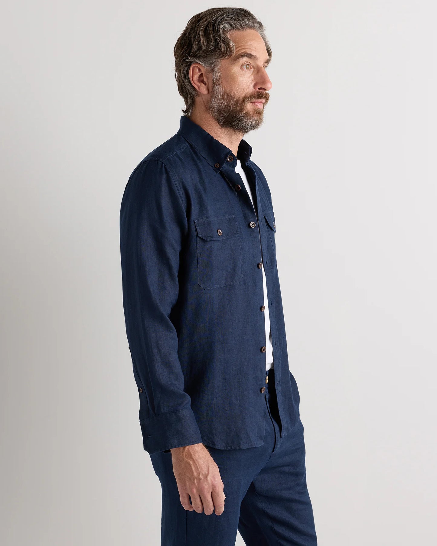 100% European Linen Utility Shirt - S / Taupe Brown Chambray