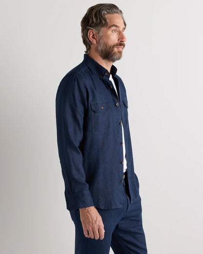 100% European Linen Utility Shirt - S / Taupe Brown Chambray