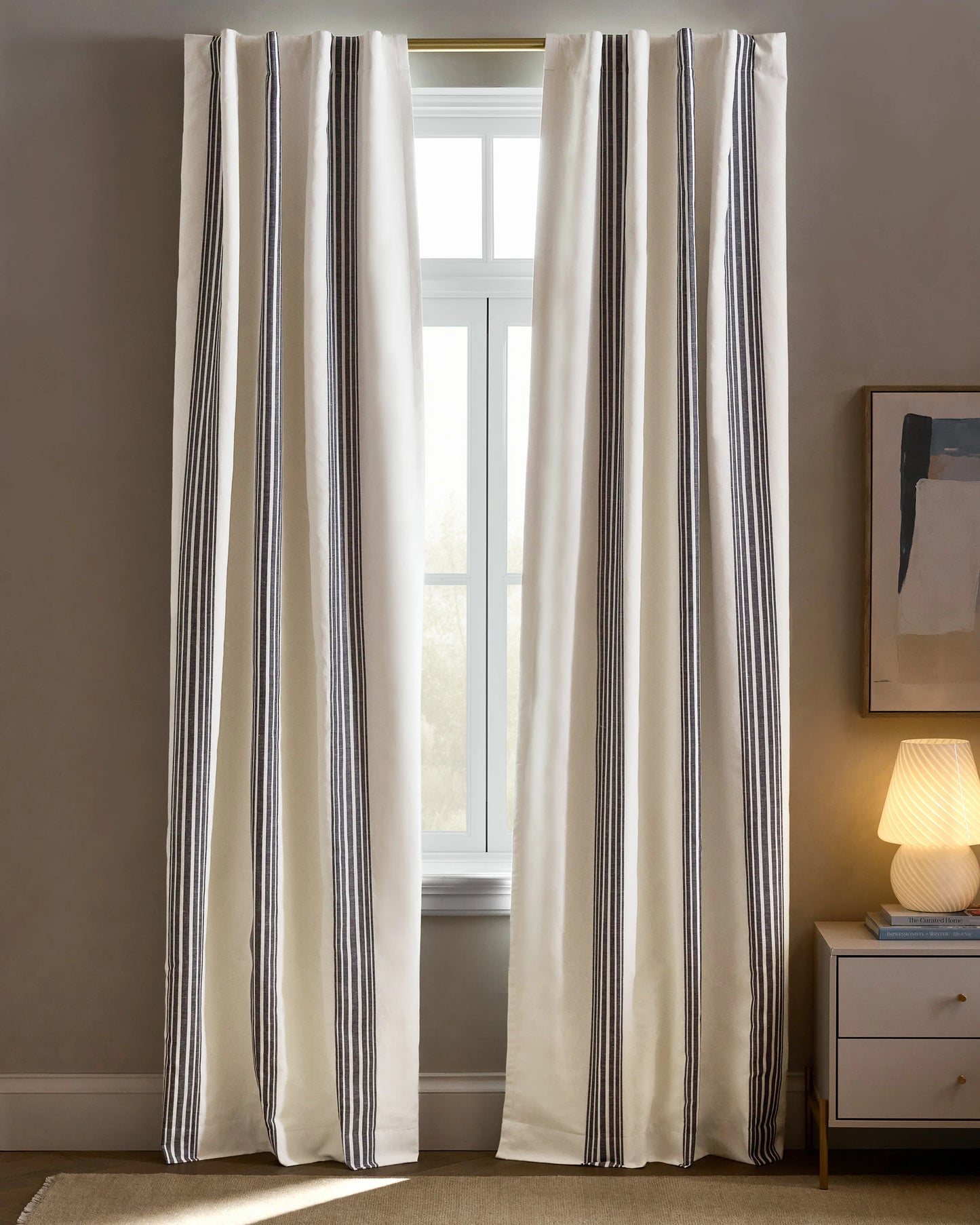 Coastal Stripe Linen Cotton True Blackout Curtain - Single Panel - 48x84 / Ivory/Fog