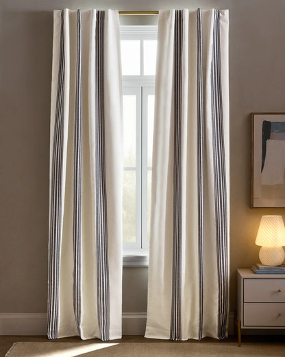 Coastal Stripe Linen Cotton True Blackout Curtain - Single Panel - 48x84 / Ivory/Fog