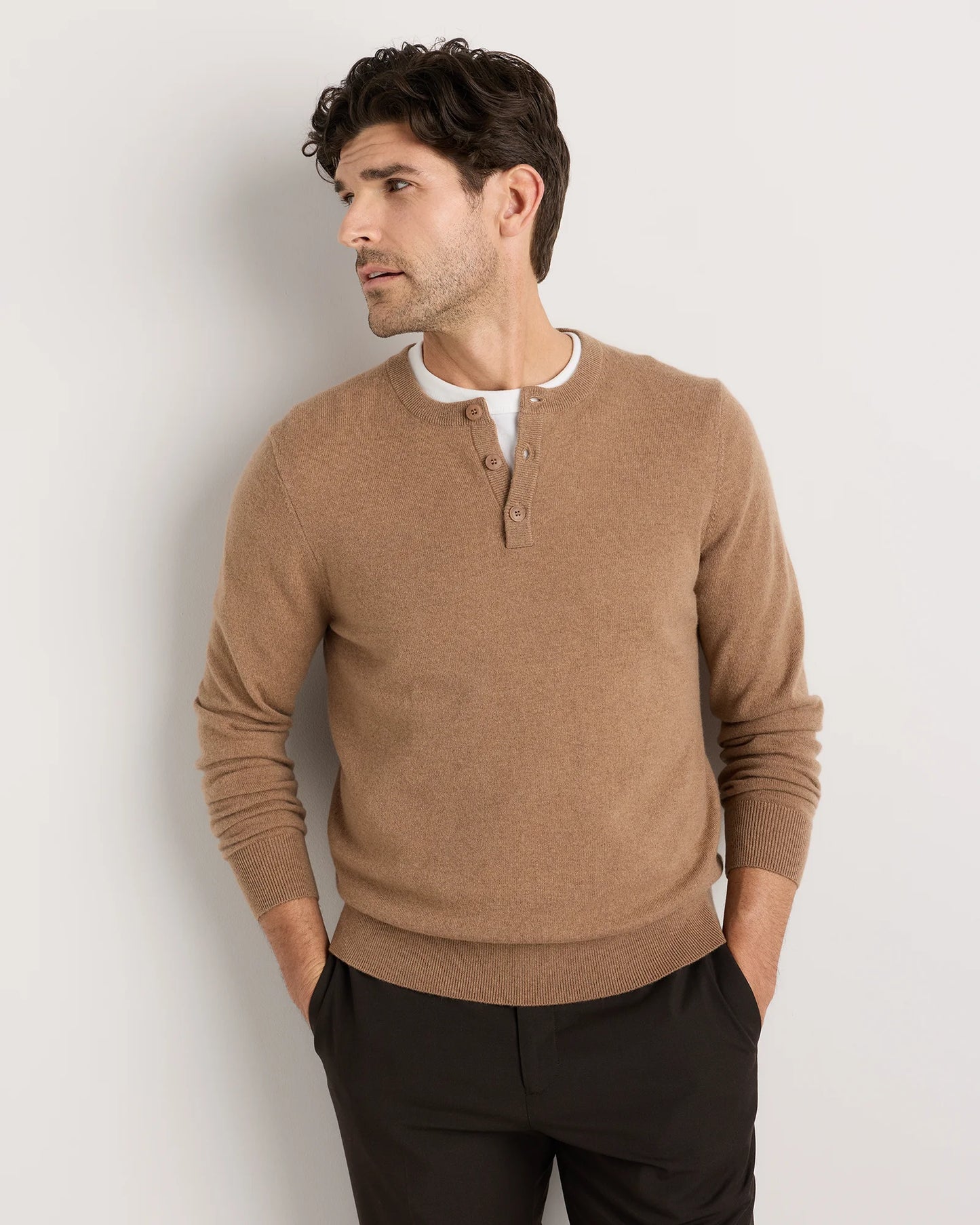 Mongolian Cashmere Henley Sweater - S / Brown