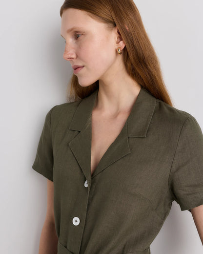 100% European Linen Button Front Dress - XS / Sky Blue Mariner Stripe