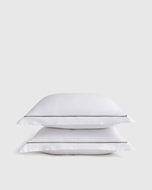 Signature Giza Cotton Sateen Embroidered Sham Set - Standard / White/Dried Sage