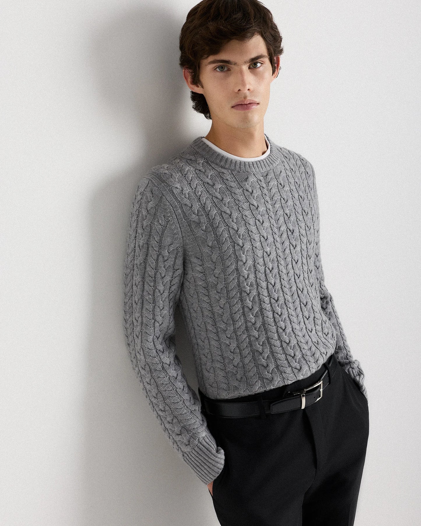 Australian Merino Wool Cable Crewneck Sweater - S / Heather Grey