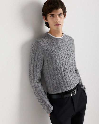 Australian Merino Wool Cable Crewneck Sweater - S / Heather Grey