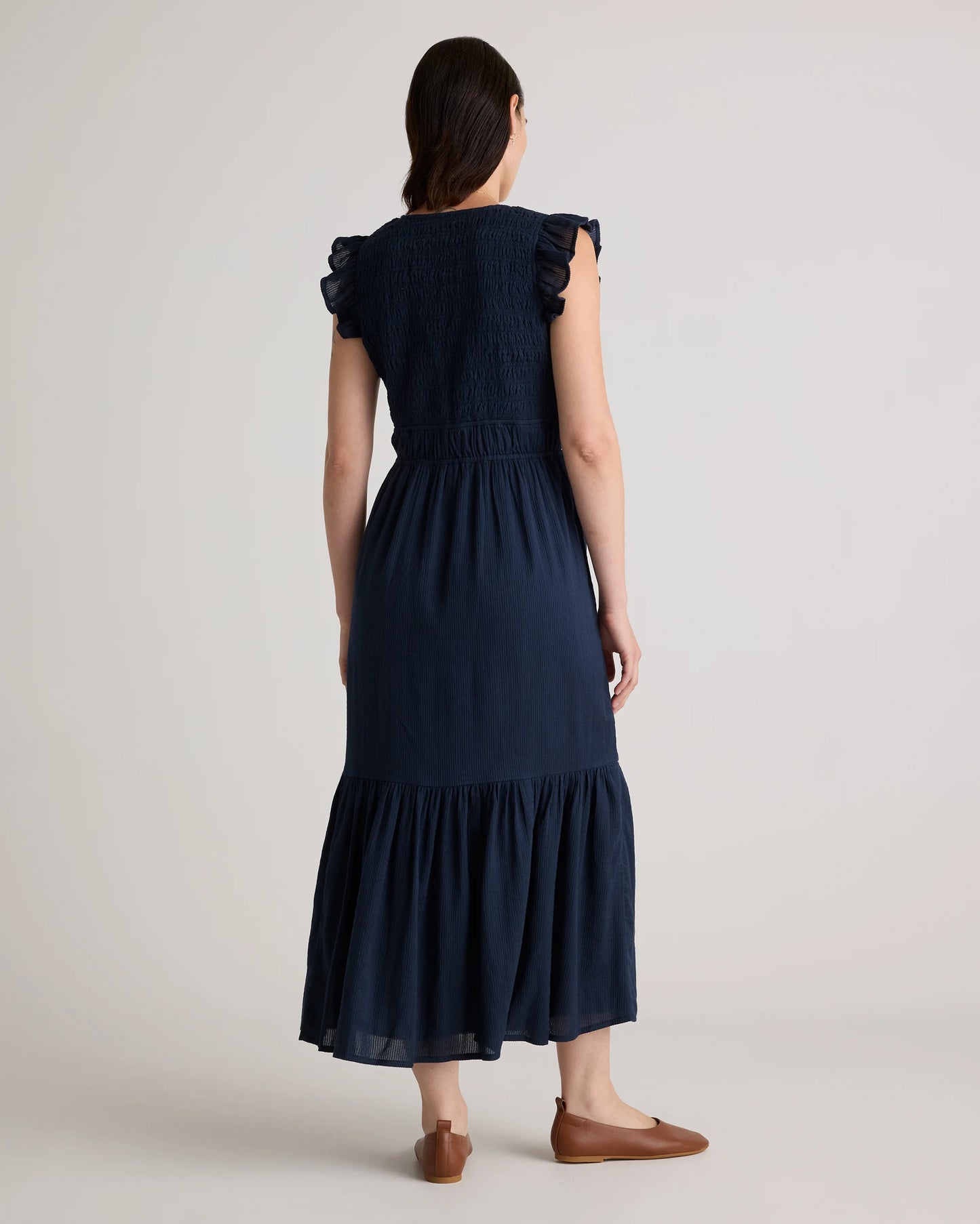 Organic Textured Cotton Smocked V-Neck Midi Dress - XS / Pale Custard Yellow