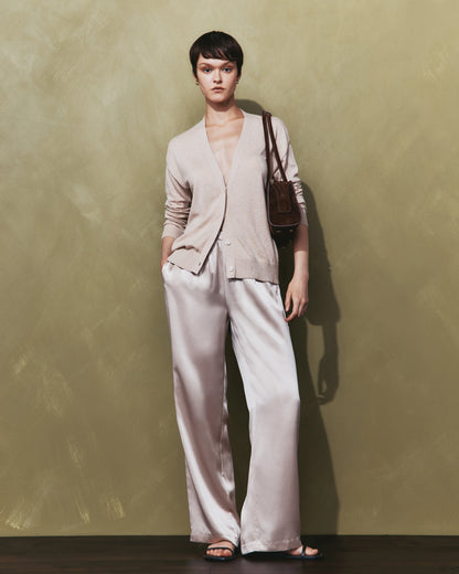 100% Washable Silk Drawstring Wide Leg Pants - XS / Champagne