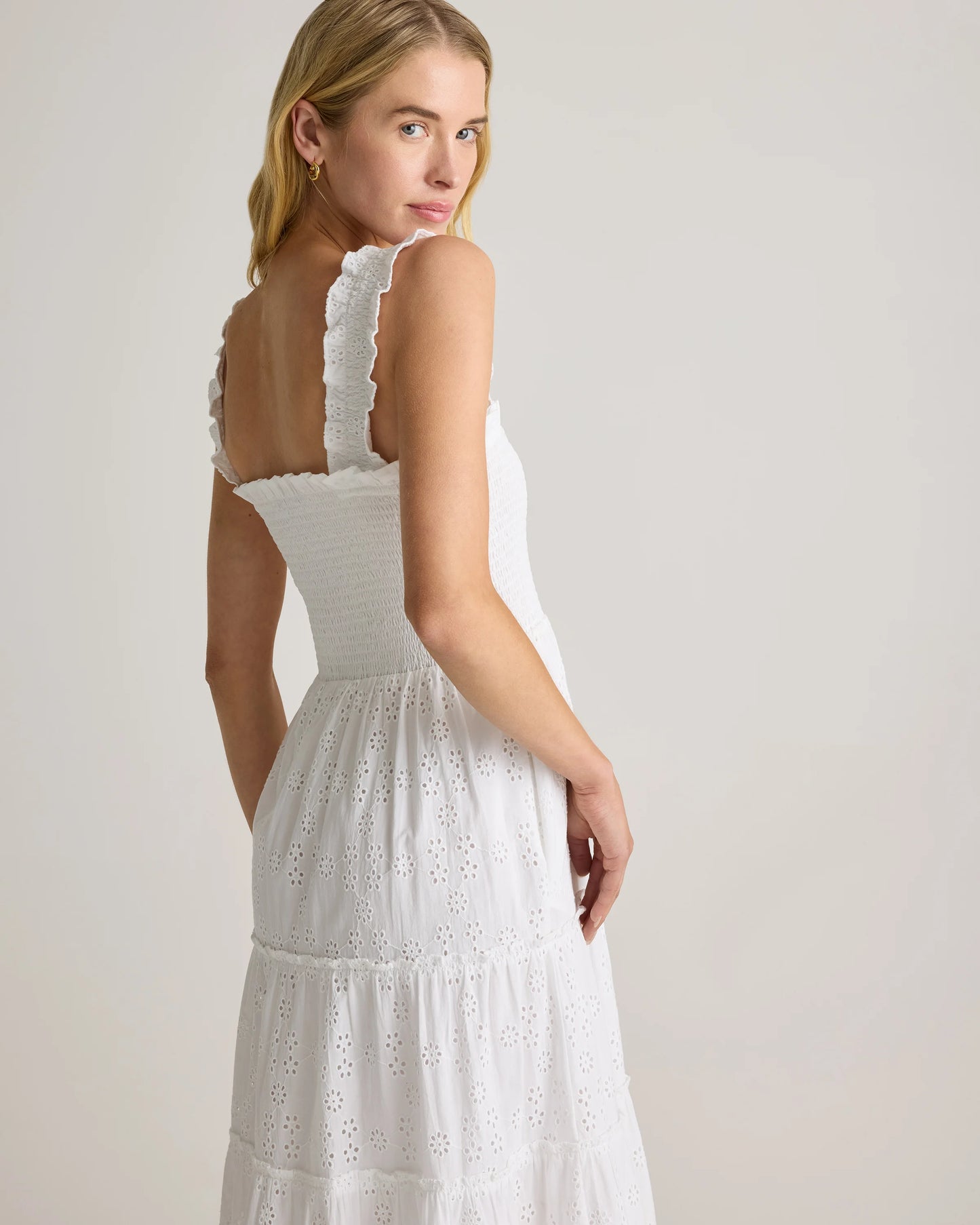 100% Organic Cotton Eyelet Smocked Midi Dress - XS / White