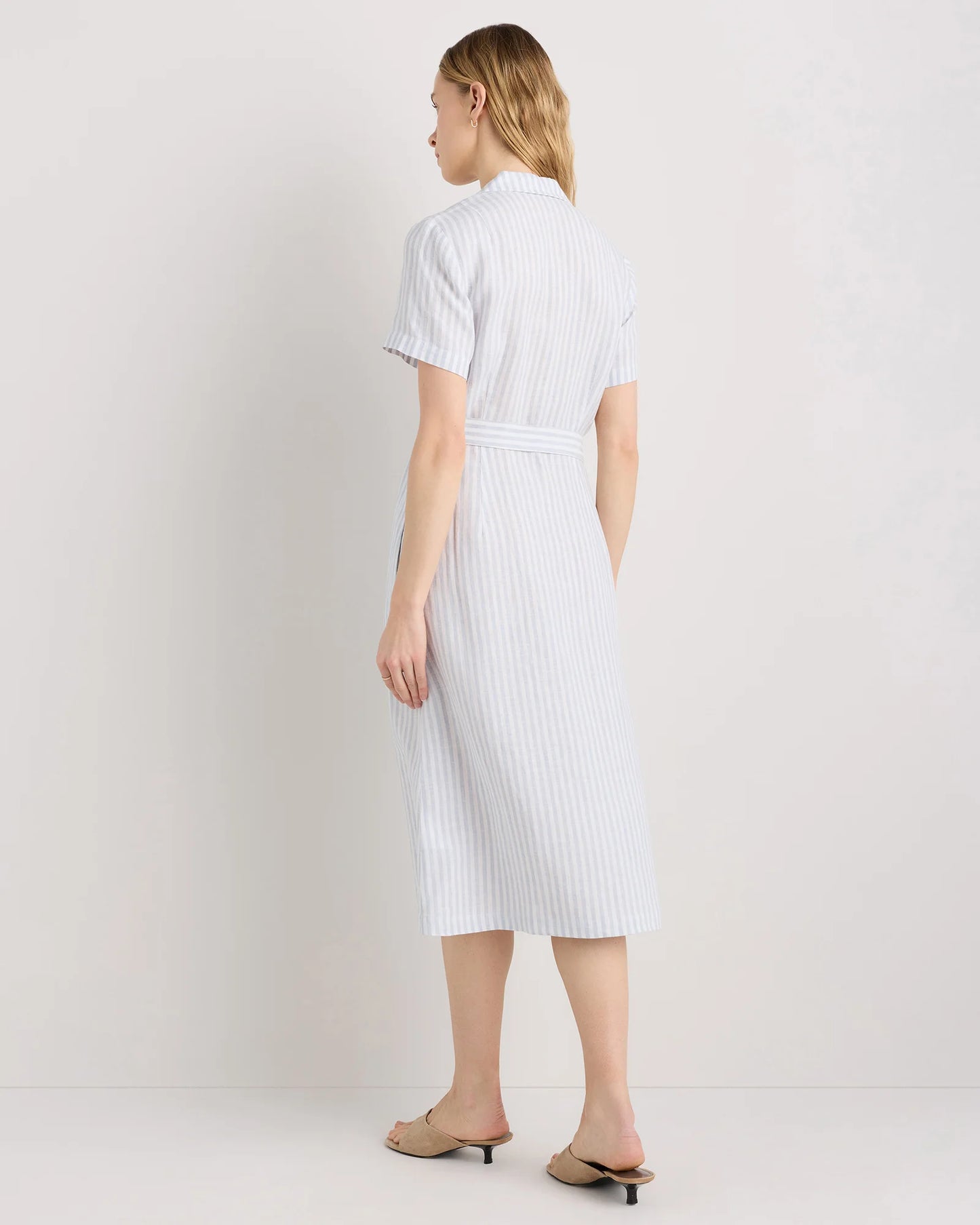 100% European Linen Button Front Dress - XS / Sky Blue Mariner Stripe