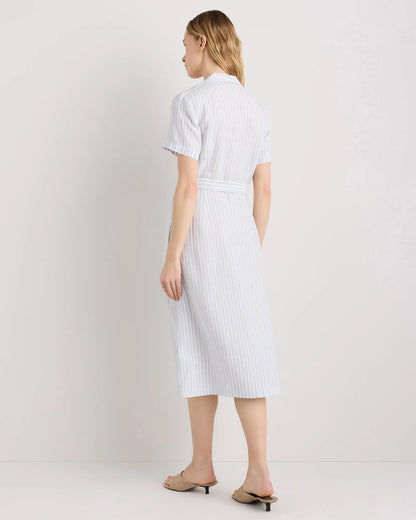 100% European Linen Button Front Dress - XS / Sky Blue Mariner Stripe