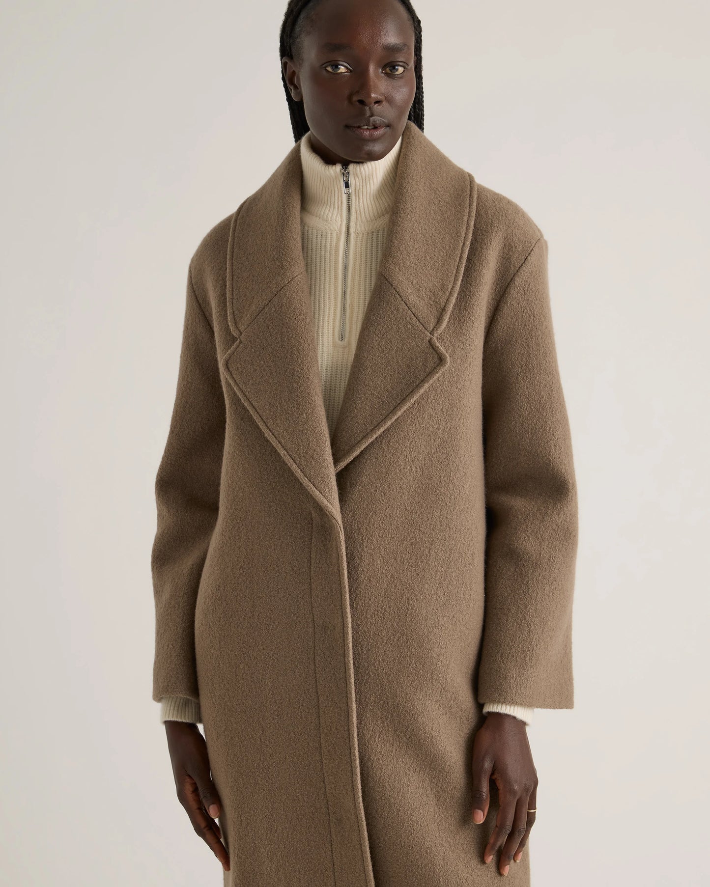 100% Merino Wool Shawl Collar Long Coat - XS / Heather Bone