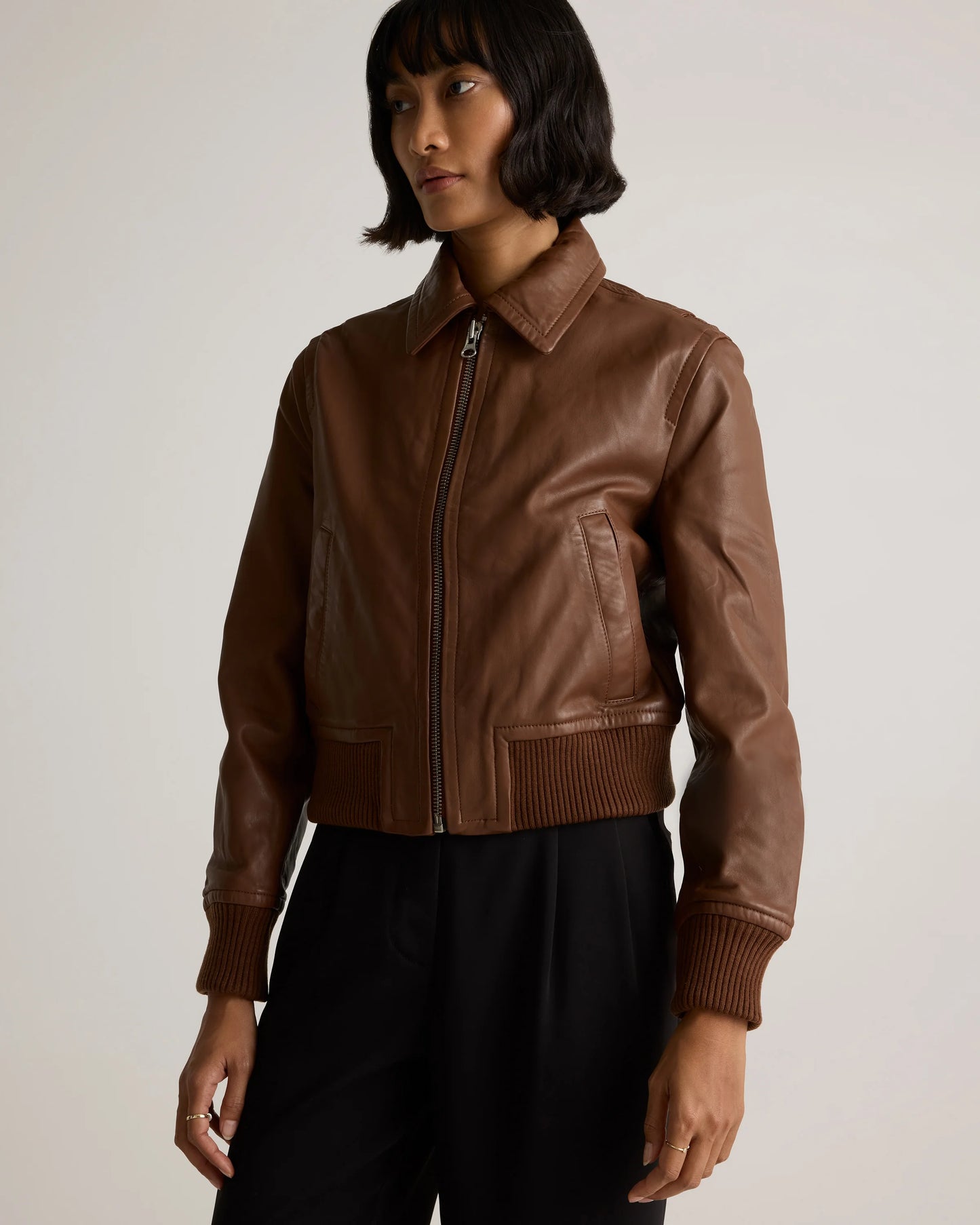 100% Washed Leather Bomber Jacket - XS / Black
