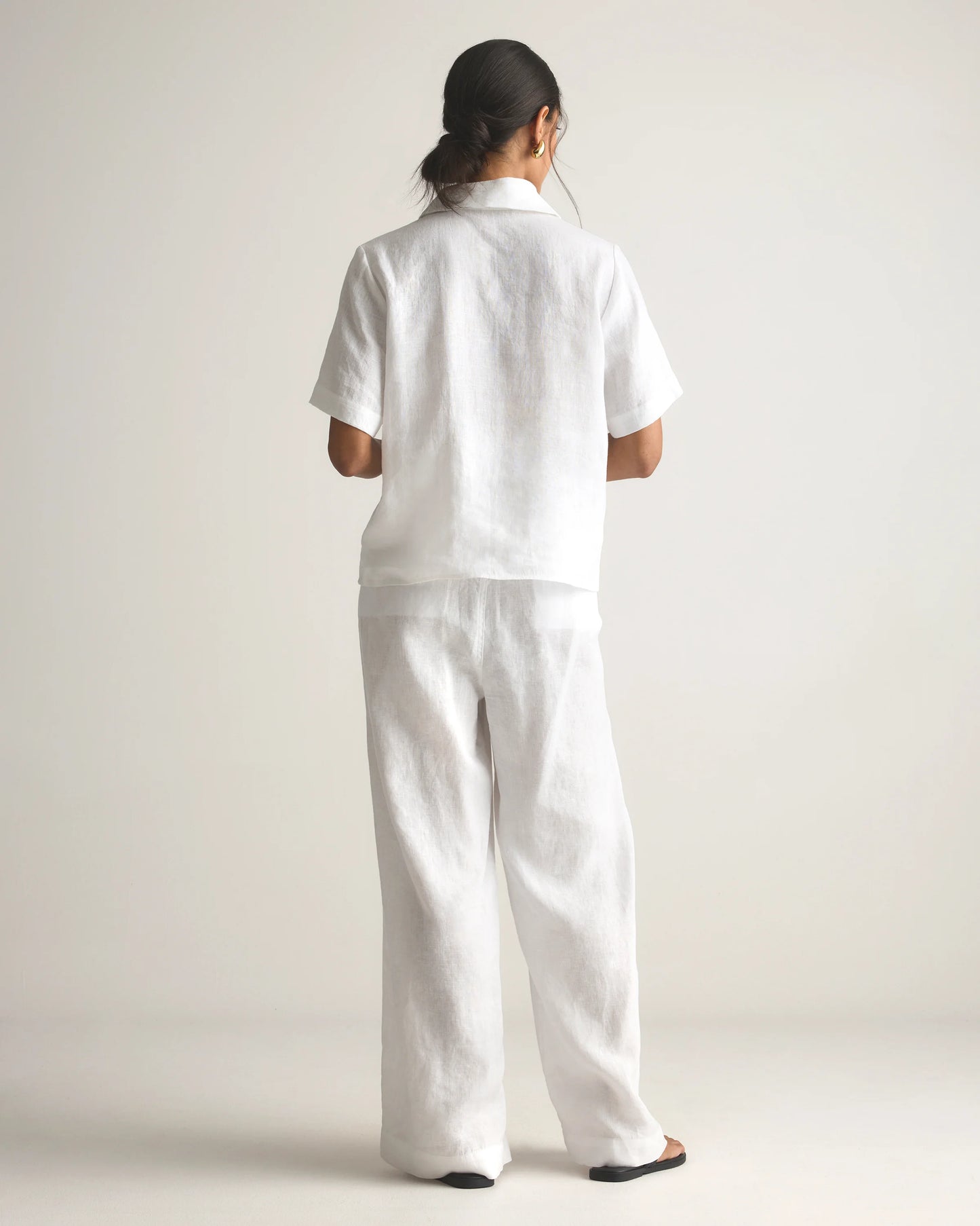 100% European Linen Short Sleeve Popover Top - XS / Blue Pinstripe