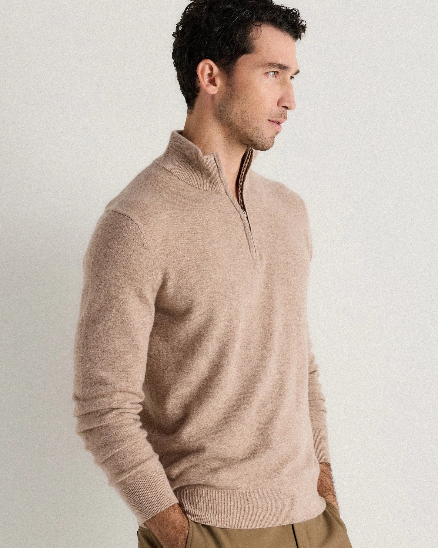 Mongolian Cashmere Quarter Zip Sweater - S / Olive Twist