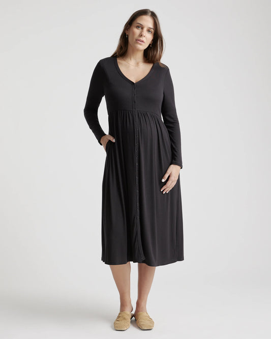 Tencel Rib Maternity & Nursing Button Front Dress - XS / Black