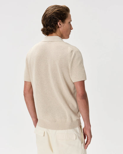 100% Organic Cotton Mesh-Stitch Button-Up Sweater Polo - XS / Speckled Beige