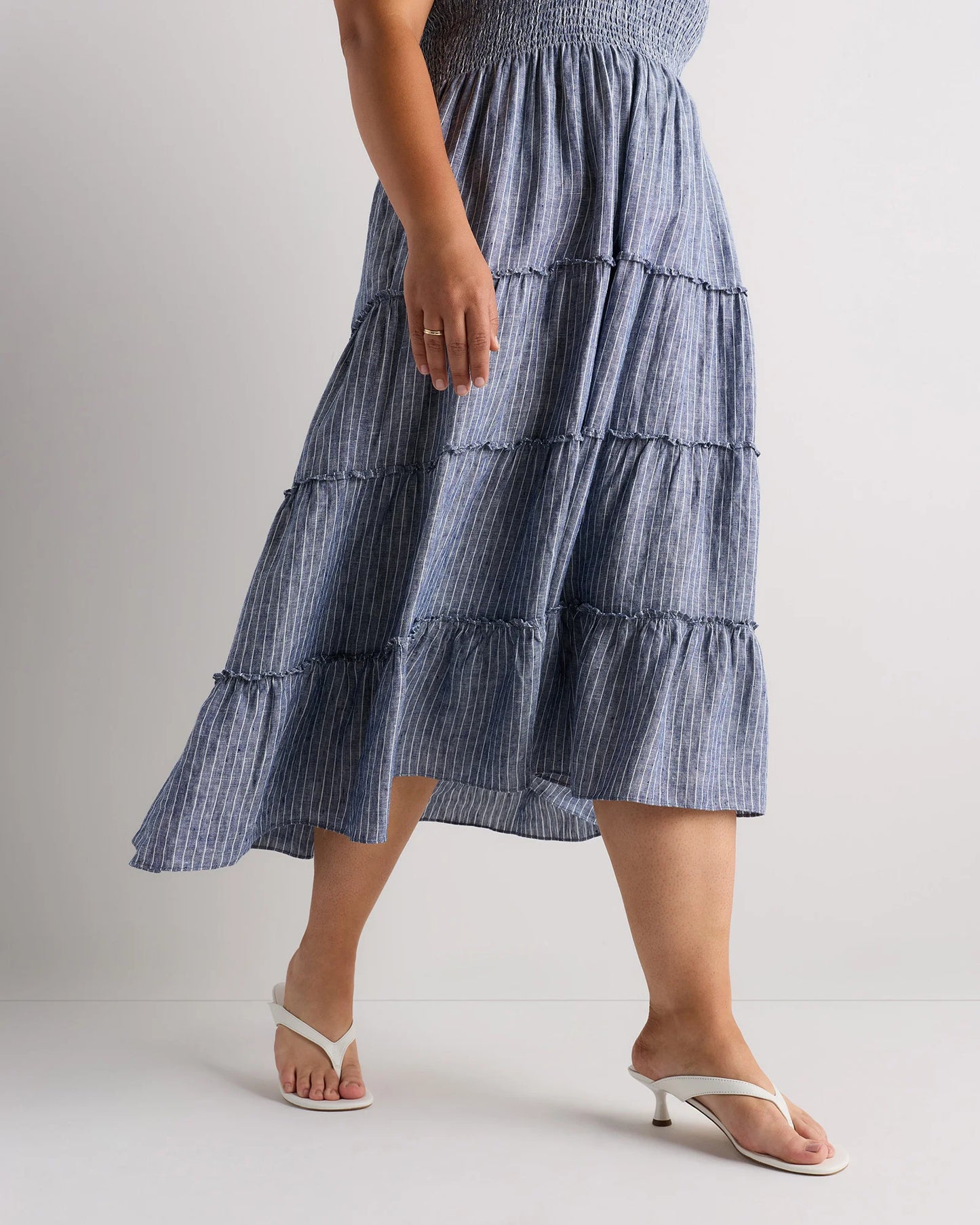 100% European Linen Smocked Midi Dress - 1X / Flax