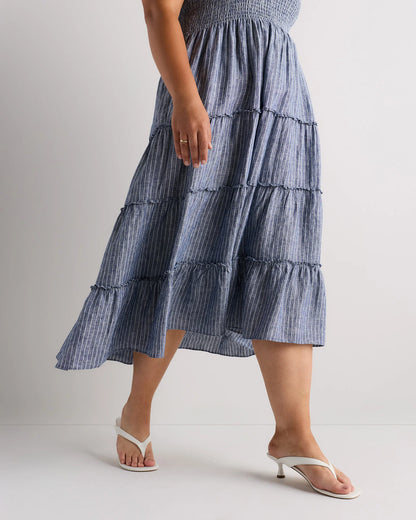 100% European Linen Smocked Midi Dress - 1X / Flax