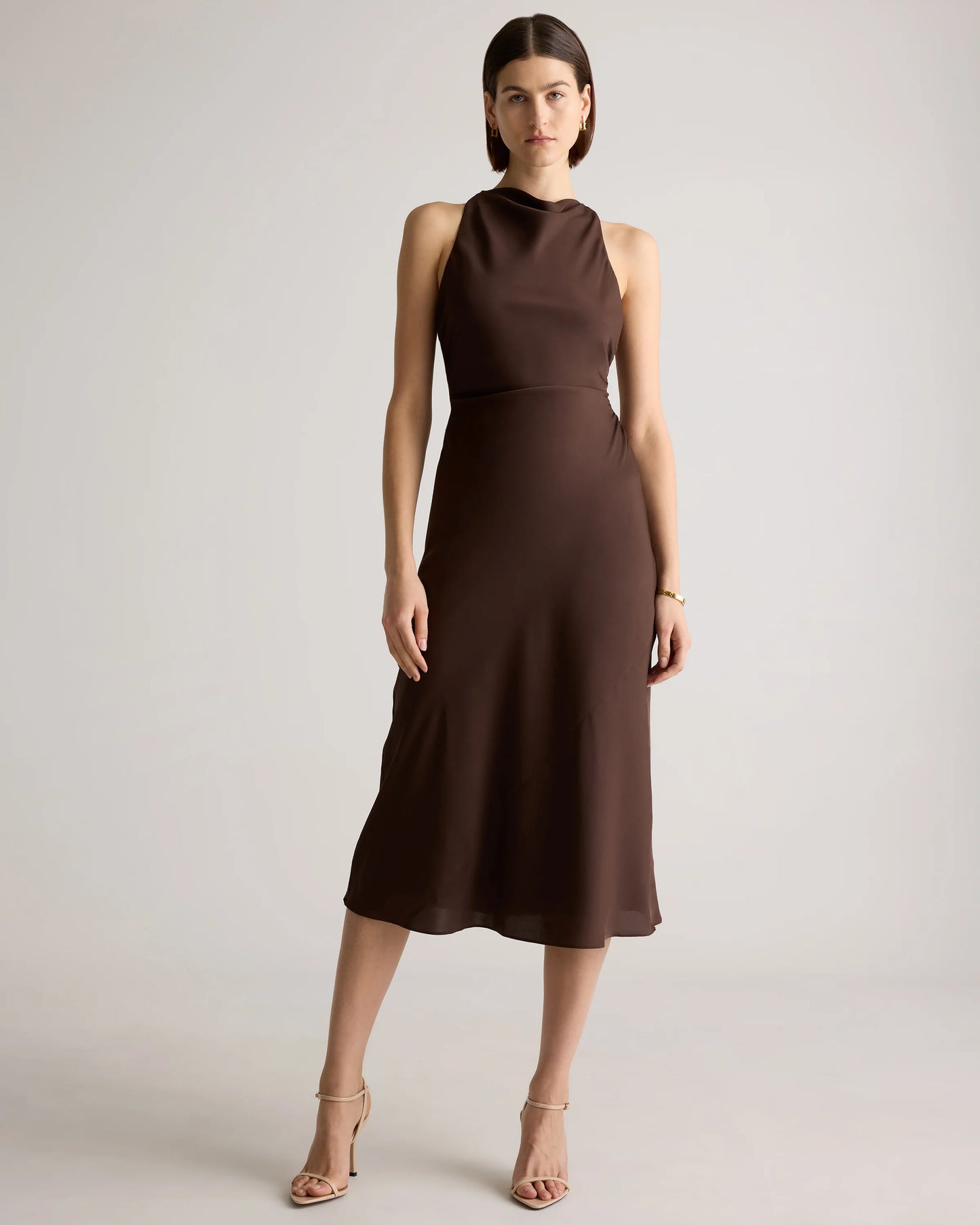 Washable Stretch Silk High Neck Midi Dress - XS / Vintage Navy Roses