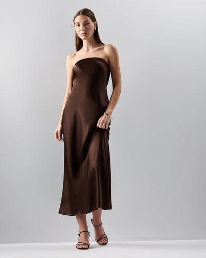 100% Washable Silk Strapless Midi Dress - XS / Hot Fudge