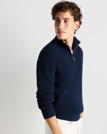 100% Organic Cotton Ribbed Quarter-Zip Sweater - S / Navy