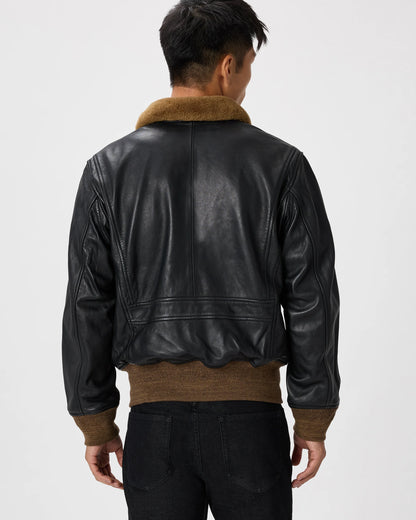 Shearling Collar Leather Flight Jacket - S / True Black