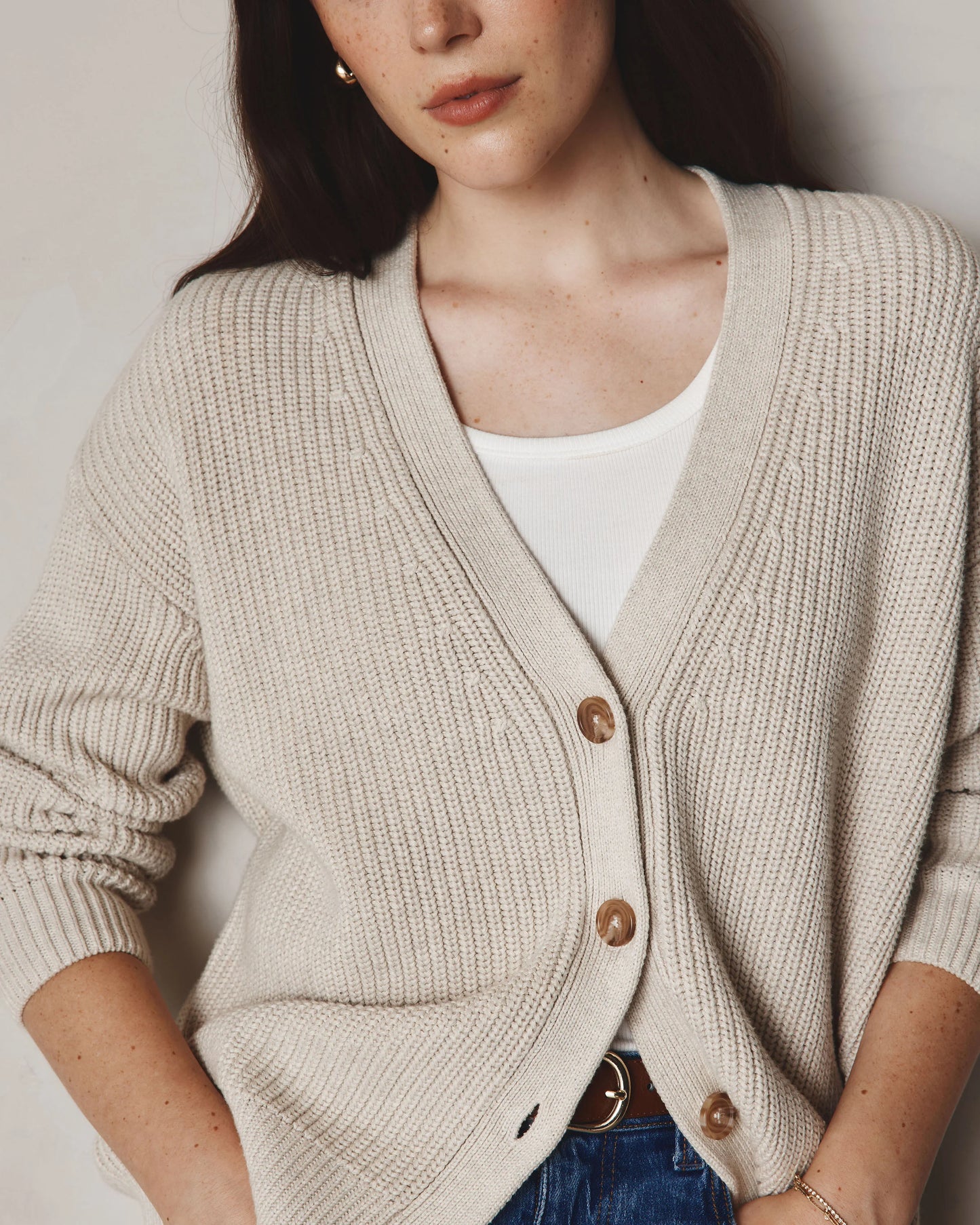 100% Organic Cotton Oversized Boyfriend Cardigan - XS / Speckled Beige