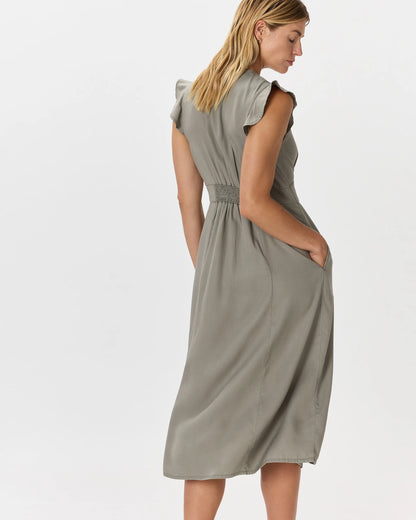 Vintage Wash Tencel Button Front Midi Dress - XS / Olive