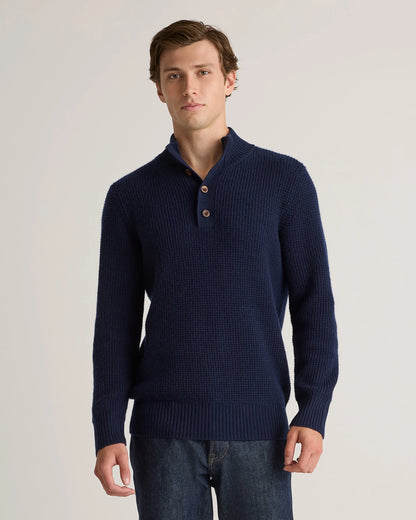 Mongolian Cashmere Waffle Quarter Button Sweater - S / Elk Brown