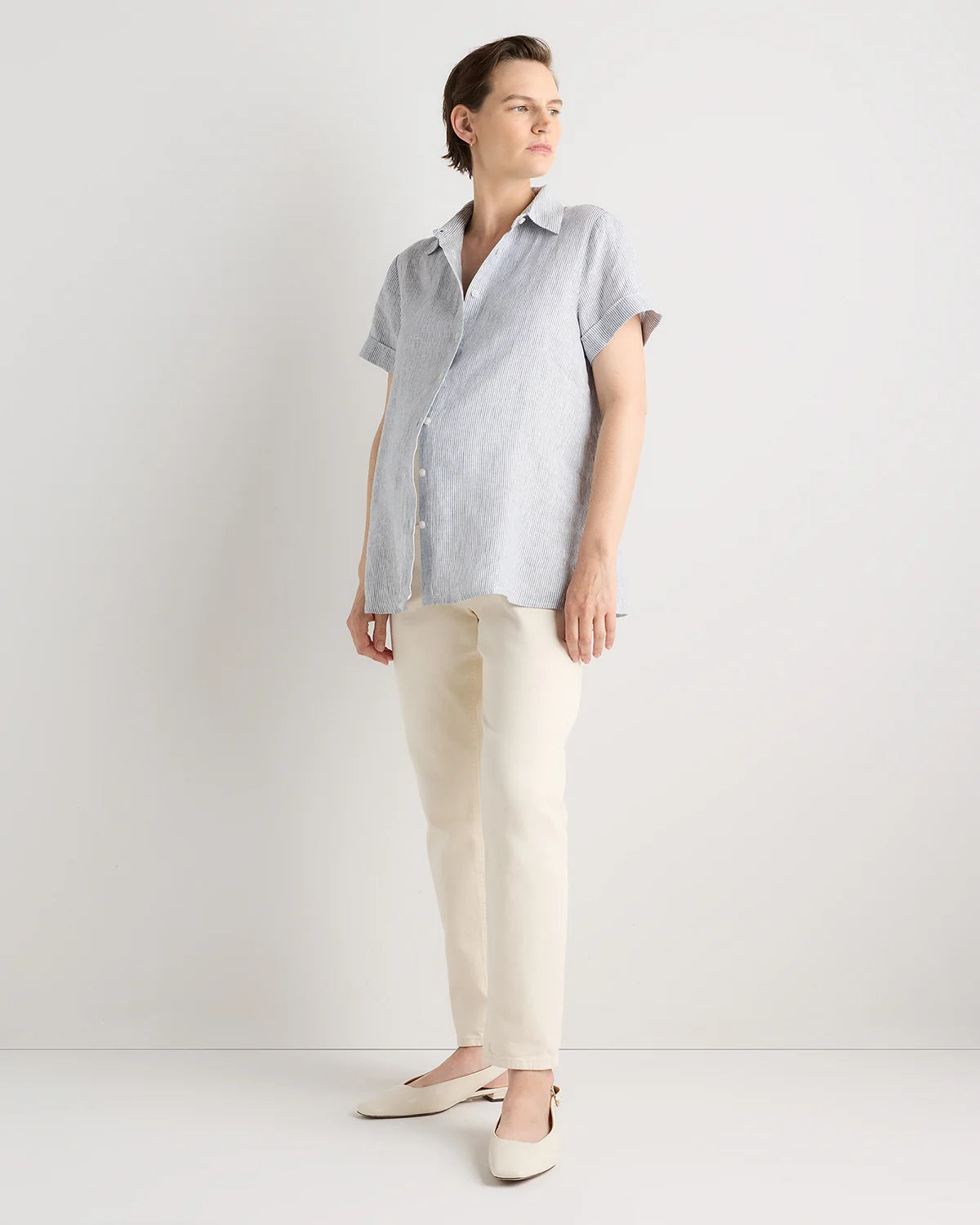 100% European Linen Maternity Camp Shirt - XS / Blue Pinstripe