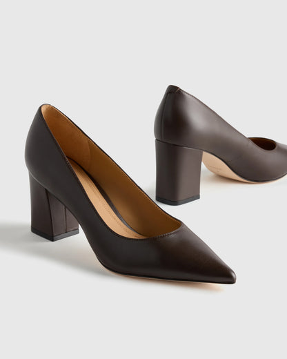 Italian Leather 65mm Block Heel Pump - 5 / Coffee Bean
