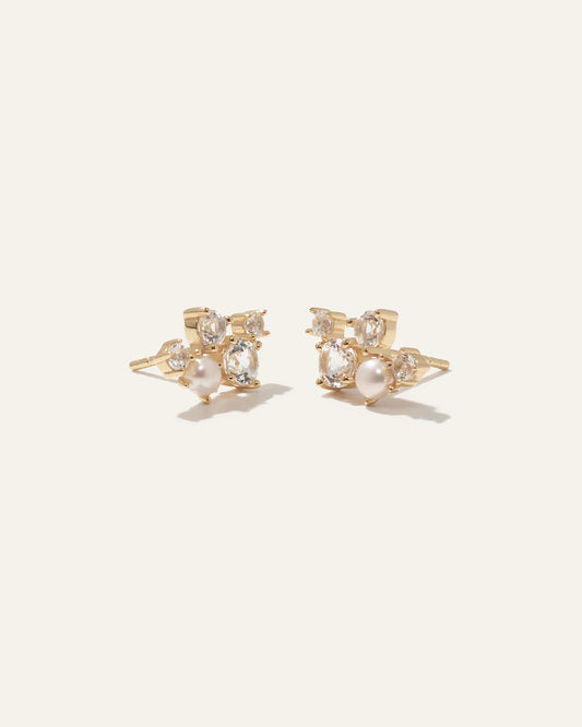 Mini Topaz Pearl Sparkle Climber Earrings - One Size / Gold Vermeil