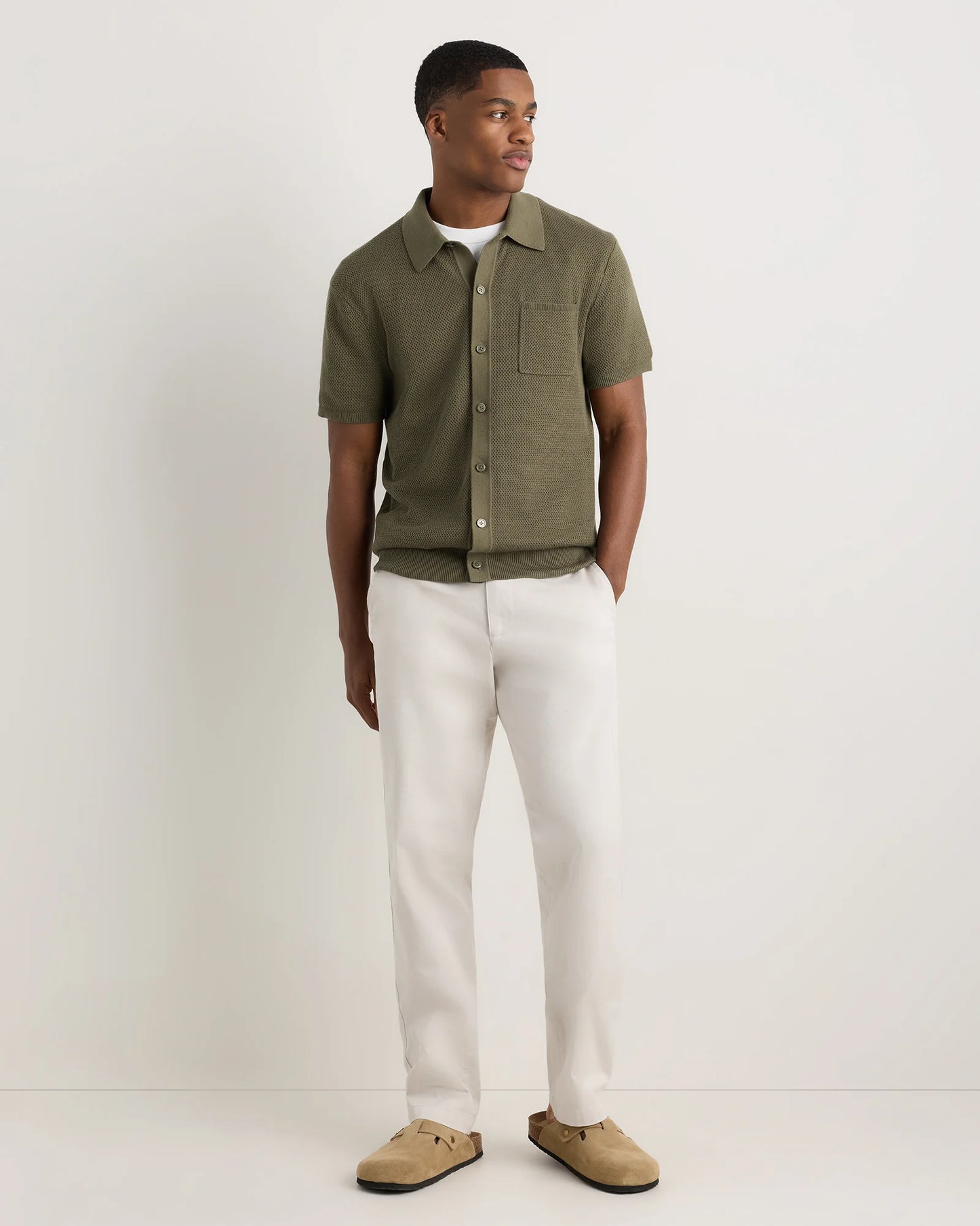 100% Organic Cotton Mesh-Stitch Button-Up Sweater Polo - XS / Speckled Beige
