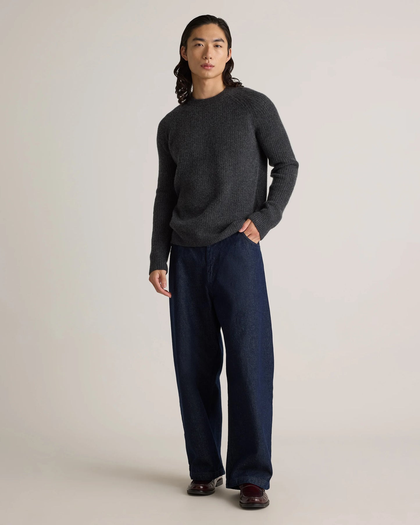 Mongolian Cashmere Fisherman Crewneck Sweater - S / Navy Marl